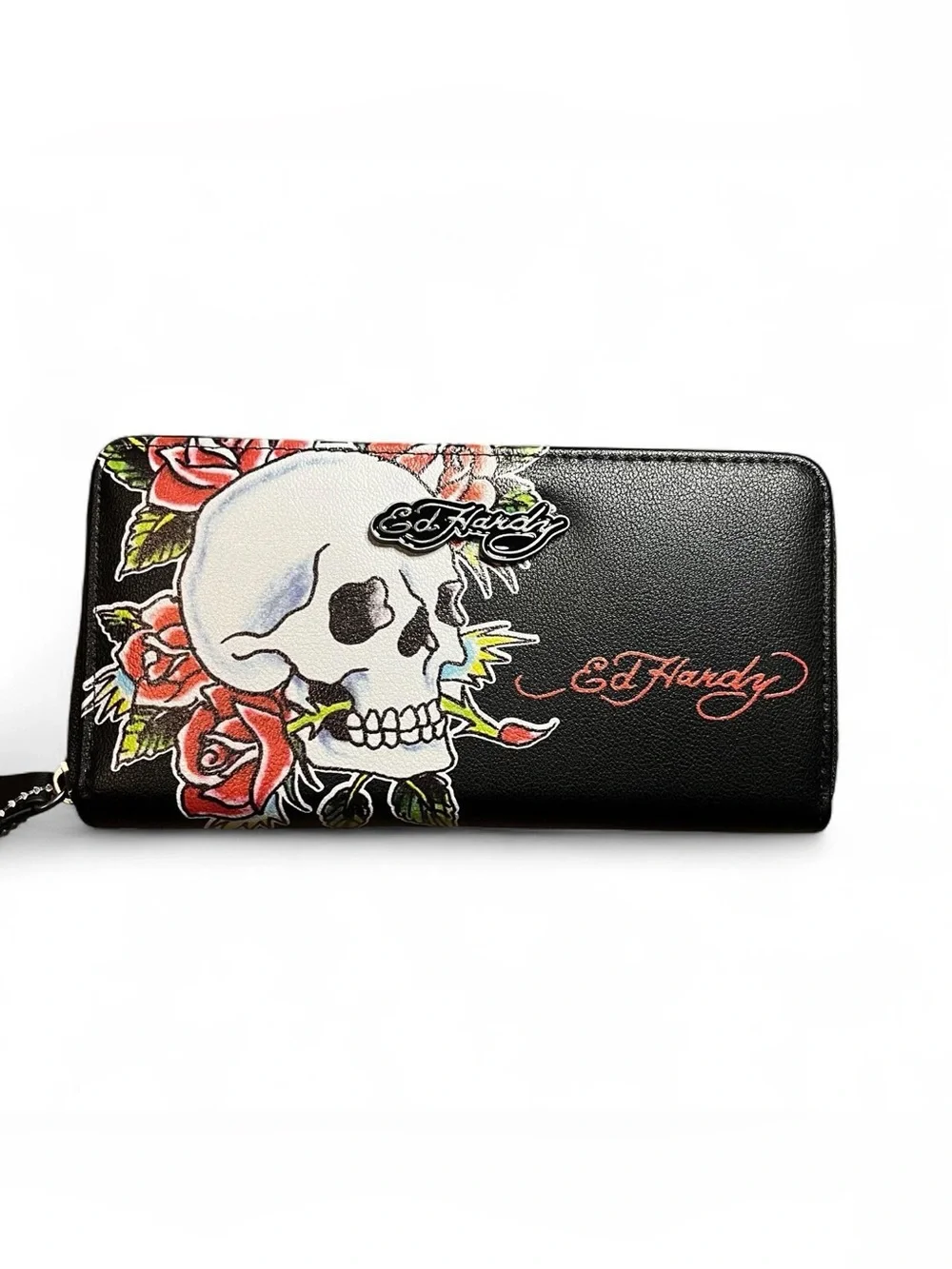 Ed Hardy Black Wallet with Skull & Red Rose Graphic